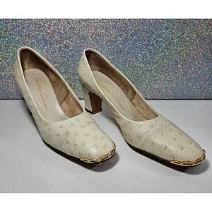 Contessa Ciano Vintage Cream Full Quill Ostrich Square Gold Toe Block Heels 6.5B